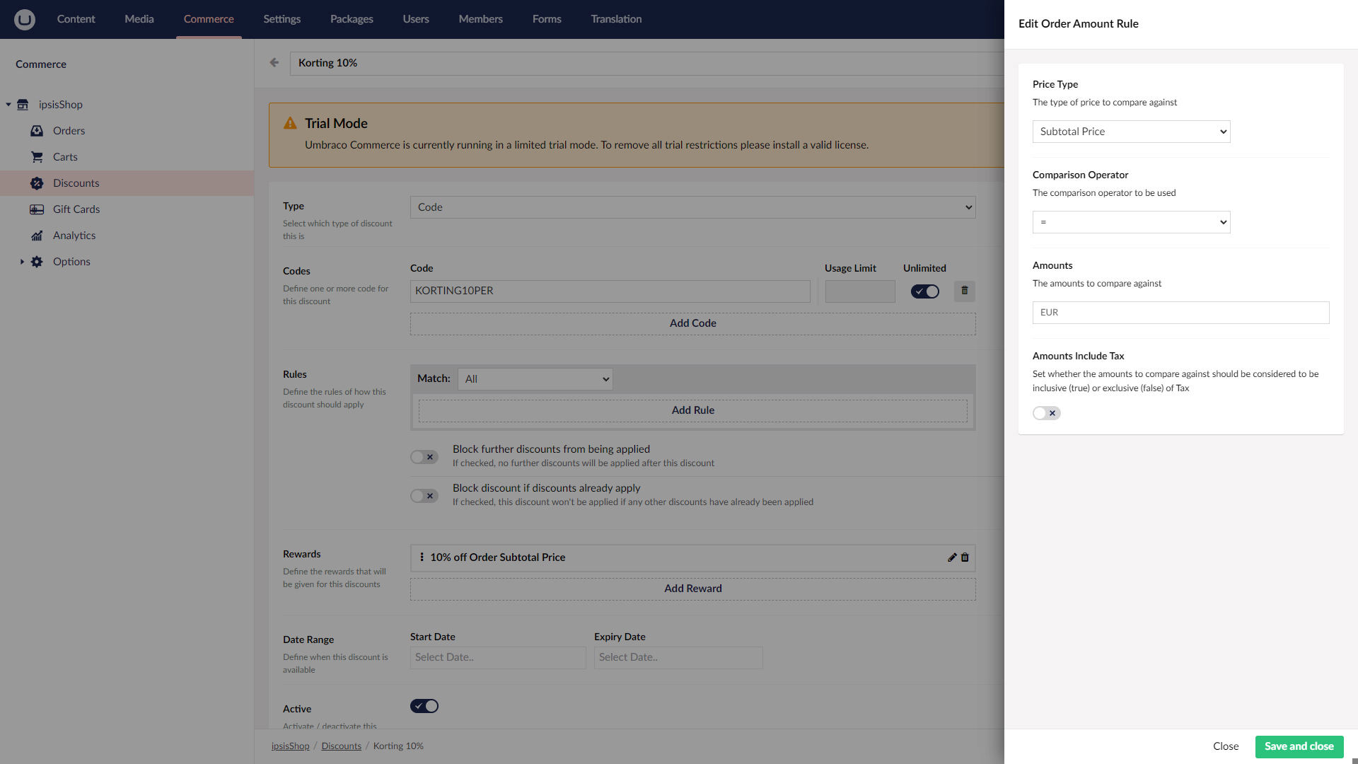 Scherm Umbraco Commerce Kortingscode 04