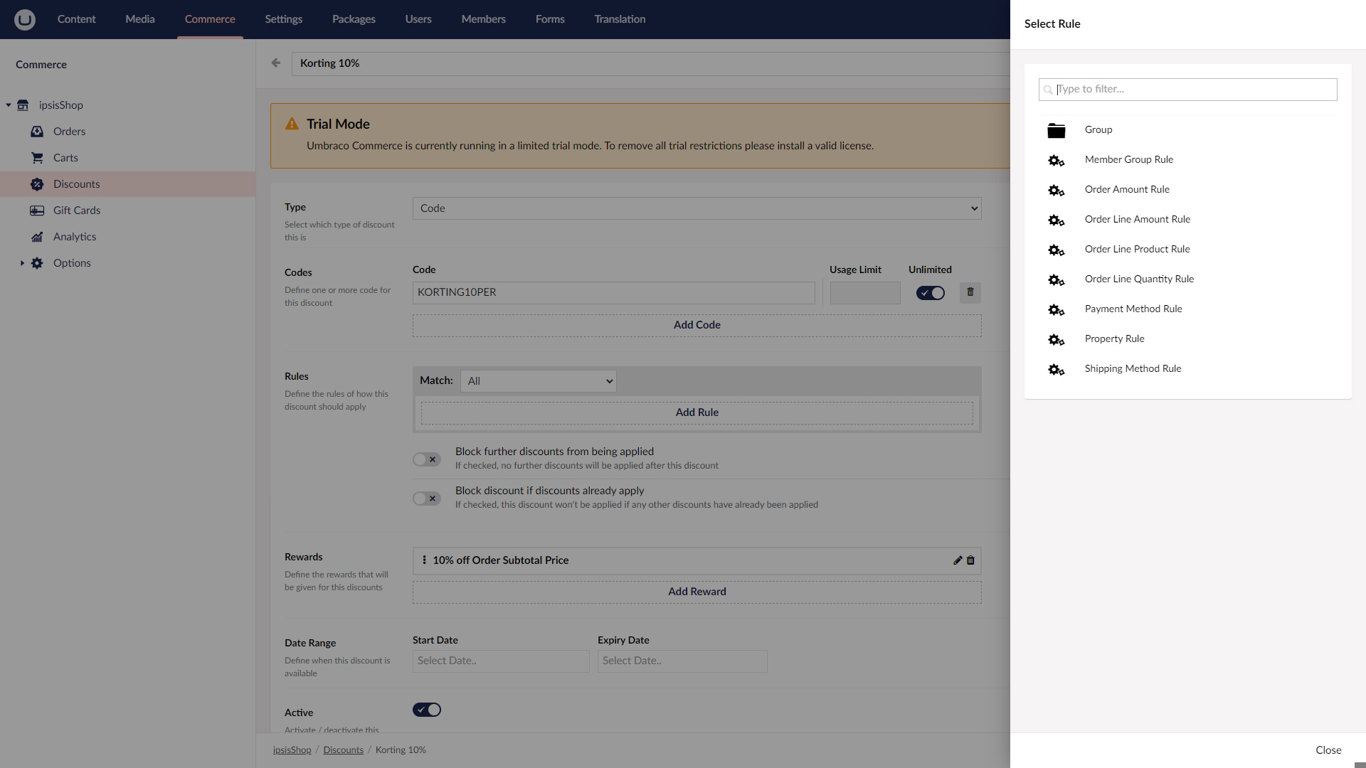 Scherm Umbraco Commerce Kortingscode 03