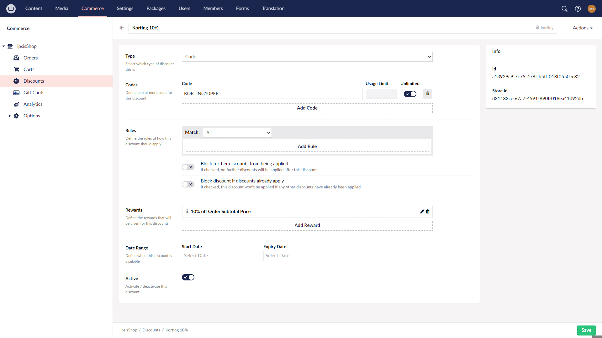 Scherm Umbraco Commerce Kortingscode 02